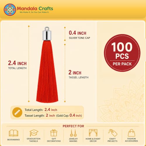 Image of Mandala Crafts Small Silver Tone Cap Red Silky Bookmark Tassels with Loops