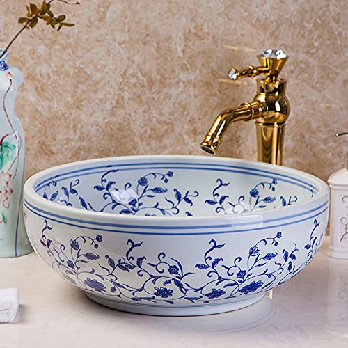 Blue And White Porcelain Vessel Sink With Gold Faucet And Drain Combo For Bathroom #TOP1