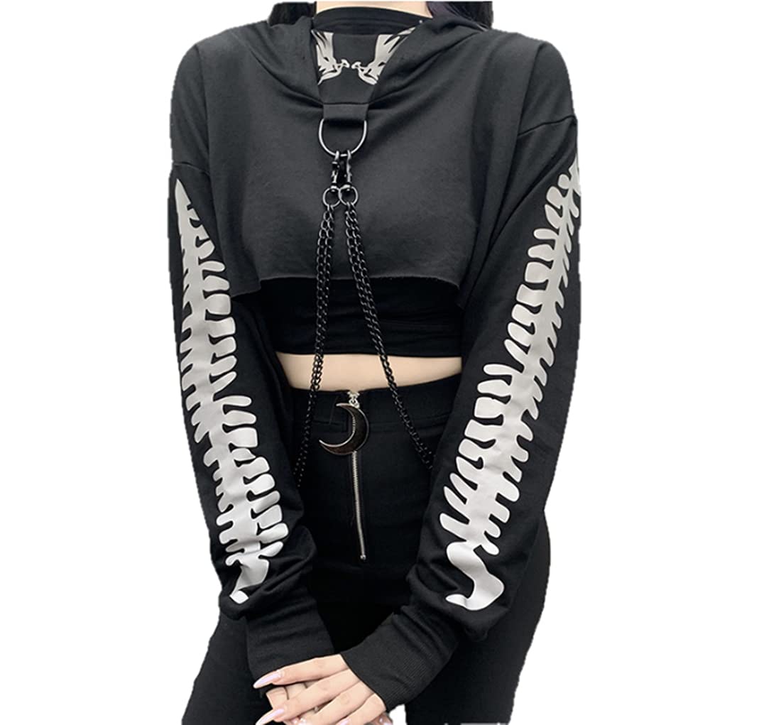 InsgothWomen Gothic Hooded Top Long Sleeve Black Chain Print Crop Tops E-Girl Harajuku
