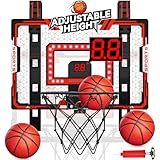 Verbesserter Basketballkorb Indoor für Kinder, Höhenverstellbare Basketballkörbe über der Tür, Mini Basketballkorb mit LED-Licht/Anzeigetafel/3 Bällen (Rot Basketballkorb)