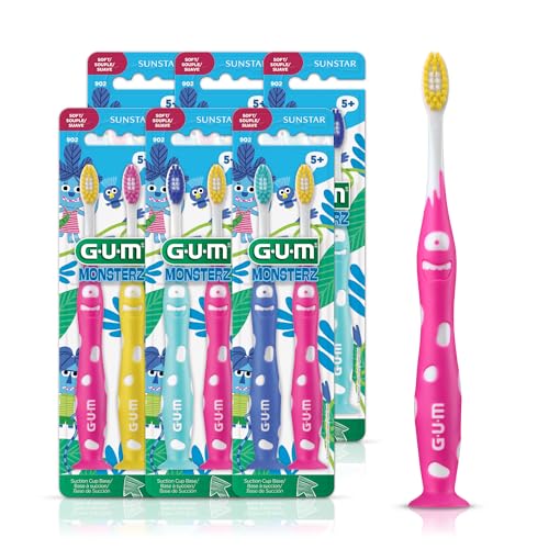 Image of GUM Monsterz Jr Kids Toothbrush, Soft Bristles with Suction Cup Base, Ages 5+, 2 Count (Pack of 6)