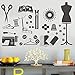 Tailor Studio Wall Sticker - Removable PVC Vinyl Decal with Sewing Tools, Dress Form, Buttons, Scissors, and Thread - Perfect Craft Room or Sewing Shop Decor JWH152 (Black)