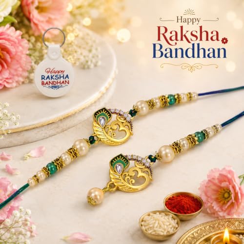 Image of Riddhika Ventures Elegant Traditional Gold Plated Bhaiya Bhabhi Rakhi Set with Roli Chawal and Greeting Card || Traditional Rakhi Set of 2 & Festive Gift