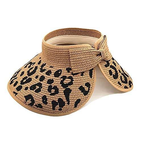 LABANCA Girls Leopard Sun Visor UPF 50+ UV Protection Wide Brim Beach Sun Visor Hat Braided Straw Roll-up Summer Hat