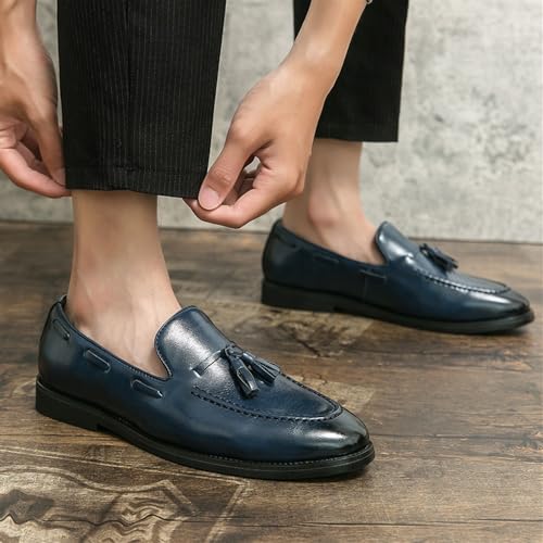 Men's Formal Tassel Loafers Spanish Leather Prom Slip On Pointed Toe Anti-Slip Office Business Shoes(Blue,8.5)2