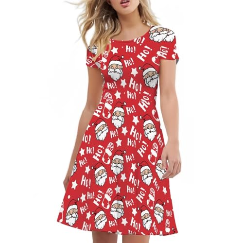 Image of POLERO Women Puffy Swing Elegant Party Midi Dresses Short Sleeve Round Neck A-Line Dress