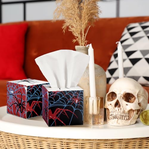 Image of Fourluoo 12 Pack Spider Facial Tissues Cube Boxes 600 Sheets 3 Ply | Small Spider web Square Face Tissues Bulk for Spider Birthday Party Decorations Car Bedroom Office Disposable Supplies