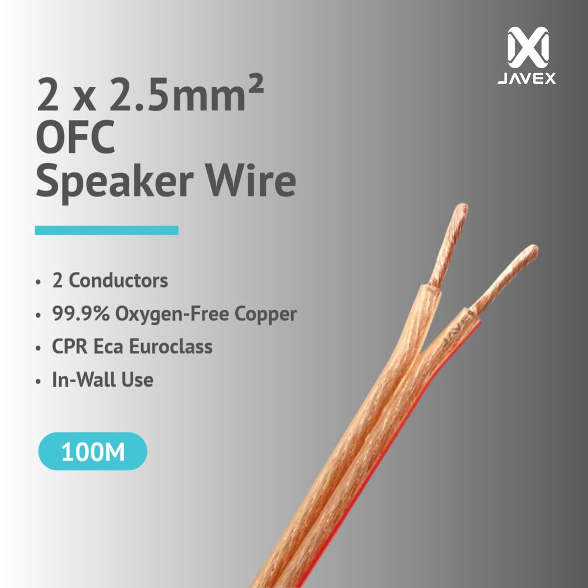 JAVEX CPR Construction - Cable de altavoz OFC para uso en pared, 2 x 2,5 mm2 [315 x 0,10 mm, cobre libre de oxígeno, 99,9%] para instalación de sistemas de audio y cine en casa, transparente, 100 m