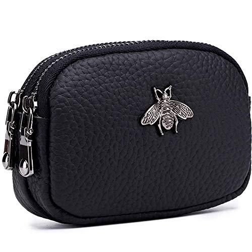 Porte-Monnaie en Cuir véritable pour Femme - Double Zipper Bee Change Pouch Wallet Card Holder Porte-Monnaie Mini Simple Cute Coin Pocket utile pour Les...