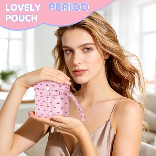 Image of Bow Corduroy Sanitary Pad Pouch Soft Discreet Pad Bags for Period for Women Cute Nursing Pad Holder Menstrual Cup Tampon Pouch First Period Gift Feminine Bag (Pink)