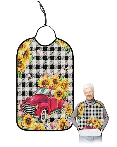 Kewadony Adult Bibs for Elderly Women - Farmhouse Sunflower Truck Waterproof Dining Clothing Protectors with Crumb Catcher for Eating/Feeding, Country Floral Black Checkered Terry Cloth Bib Washable