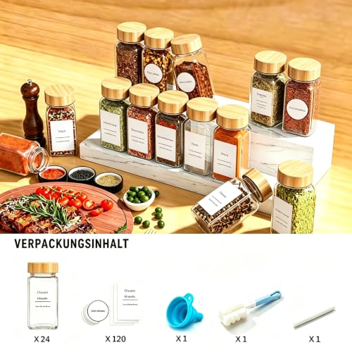 DIFULI 24 Gewürzgläser Eckig Set mit Deckel, 120ml Gewürzdosen mit 340 Etiketten, Gewürzstreuer Spice Jars Gewürzbehälter mit Trichter mit… – Ansicht 5