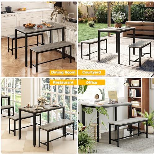 SumKea Sturdy Durable Dining Table Set for 4 with Bench, Easy to Assemble Kitchen Table with Bench, Space-Saving Ideal 4-Person Set for Daily Meals, brunches, or workspace,Grey