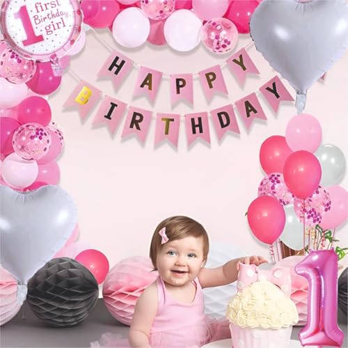 Image of Baby Girls 1st Happy Birthday Balloons Decoration Kit - 71 Pcs Garland Set for Birthday Parties & Celebrations | Birthday Decoration Set Party Supplies for Kids & Girls