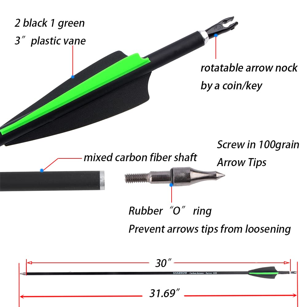 12pcs 30 Pollici Frecce in Carbonio 500 Spine Frecce da Caccia con Punte Sostituibili per Arco Ricurvo Arco Composto Bersaglio Pratica tiro all'aperto