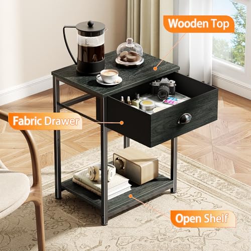 Image of Furologee Nightstands Set of 2, Industrial End Table with Fabric Drawer&Storage Shelf, Small Bedside Table Organizer for Small Space for Living Room, Tall 23.6 inch Night Stand for Bedroom, Black Oak