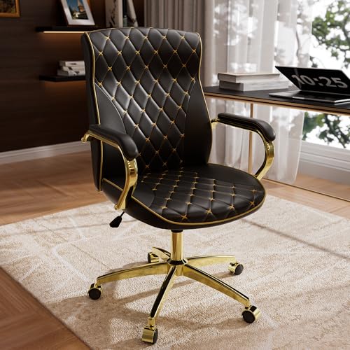 Black and Gold Office Chair with Soft Leather Embroidery, Mid Bac...