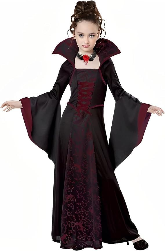 Disfraz de Vampiro Niña: Vampire Disfraz Vestido Fiesta para Niñas Chicas para Halloween Carnaval Cosplay, Vestido de Vampiro con Collar Vampiresa Gótica Princesa Reina Traje (130)