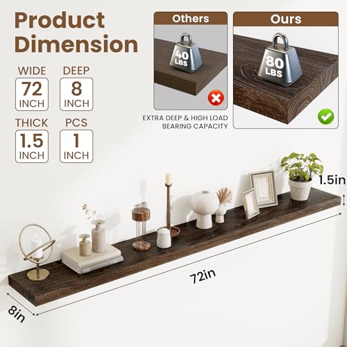 Image of Acovy Extra Deep 72 inch Long Rustic Solid Wood Floating Shelves for Wall, Wall Shelves with Invisible Bracket for Living Room Bathroom Bedroom Kitchen, Set of 1, Walnut