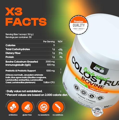 Image of Bovine Colostrum X3 Supplement Powder for Humans, 100% Pure Whole Natural Grass Fed Superfood, High IgG, Plus Probiotic & Prebiotic, Unflavored, Made in USA