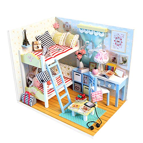 DIY Dollhouse Kit Hand-assembled Dollhouse Little House Miniatures Project Girls Dorm Model Kit Christmas,Birthday,New Year Gift with Led Lights Modern Dollhouse Kit DIY 3D Dollhouse Blue Mini House