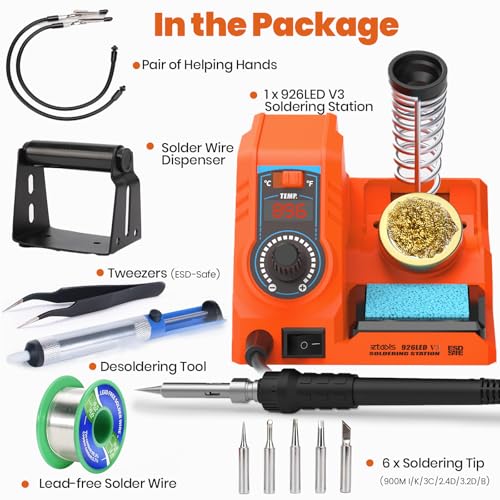 Image of 926LED V3 Entry-Level 60W Soldering Station Iron Kit in Orange with Temperature Control includes Helping Hands, Lead-Free Solder, 6 Soldering Tips, ESD-Safe Tweezers, Sleep Mode