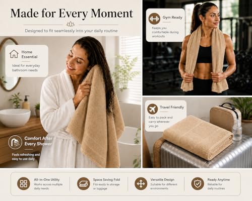 Image of 100% Pure Cotton Bath Towel for Men & Women | 380 GSM Ultra Soft, Highly Absorbent & Quick Dry Bath Towel | Large 55 x 28 Inch Matty Terry Towel for Bathroom, Gym, Travel & Daily Use | Light Brown