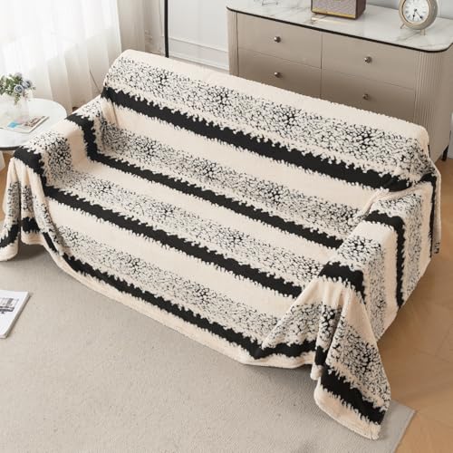 Image of HOKIPO Plush Sherpa Sofa Cover for 3 Seater Sofa | Thick Cozy Washable Sofa Throw | Full Protection Sofa Cover, 'Noirea Series' Textured Stripe (180x310 cm) (AR-6653-D2)