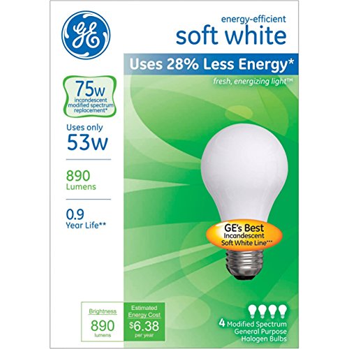 GE 66248 Energy-Efficient Soft White 53 Watt A19, 4/Pack