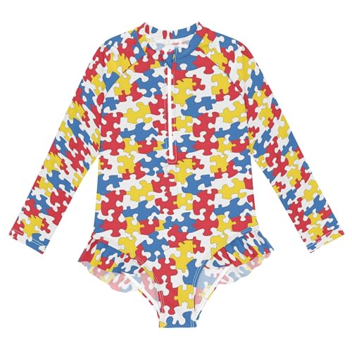 Jigsaw Puzzle Girls Long Sleeve Rashguard Swimsuit UV Protection One-Piece Swimwear Bathing Suit B0403491