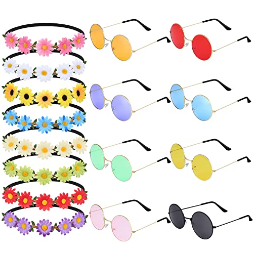 ONESING 16 Pcs Hippie Glasses for Women Hippie Headband Costume Set Hippie Accessories for Women Bohemian Flower Headband Flower Crown John 60 's Style Circle Sunglasses for Women Disco Party