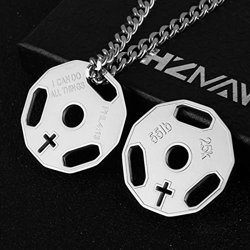 HZMAN Mens Fashion Stainless Steel Fitness Gym Dumbbell Weight Plate Barbell Chain Pendant Necklace