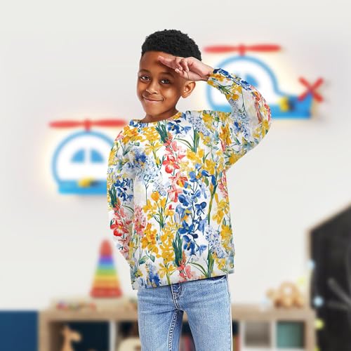 JUNZAN Watercolor Yellow Blue Flowers Big Boys Pullover Hoodie Crewneck Tops Clothing Shirts Athletic 4T4
