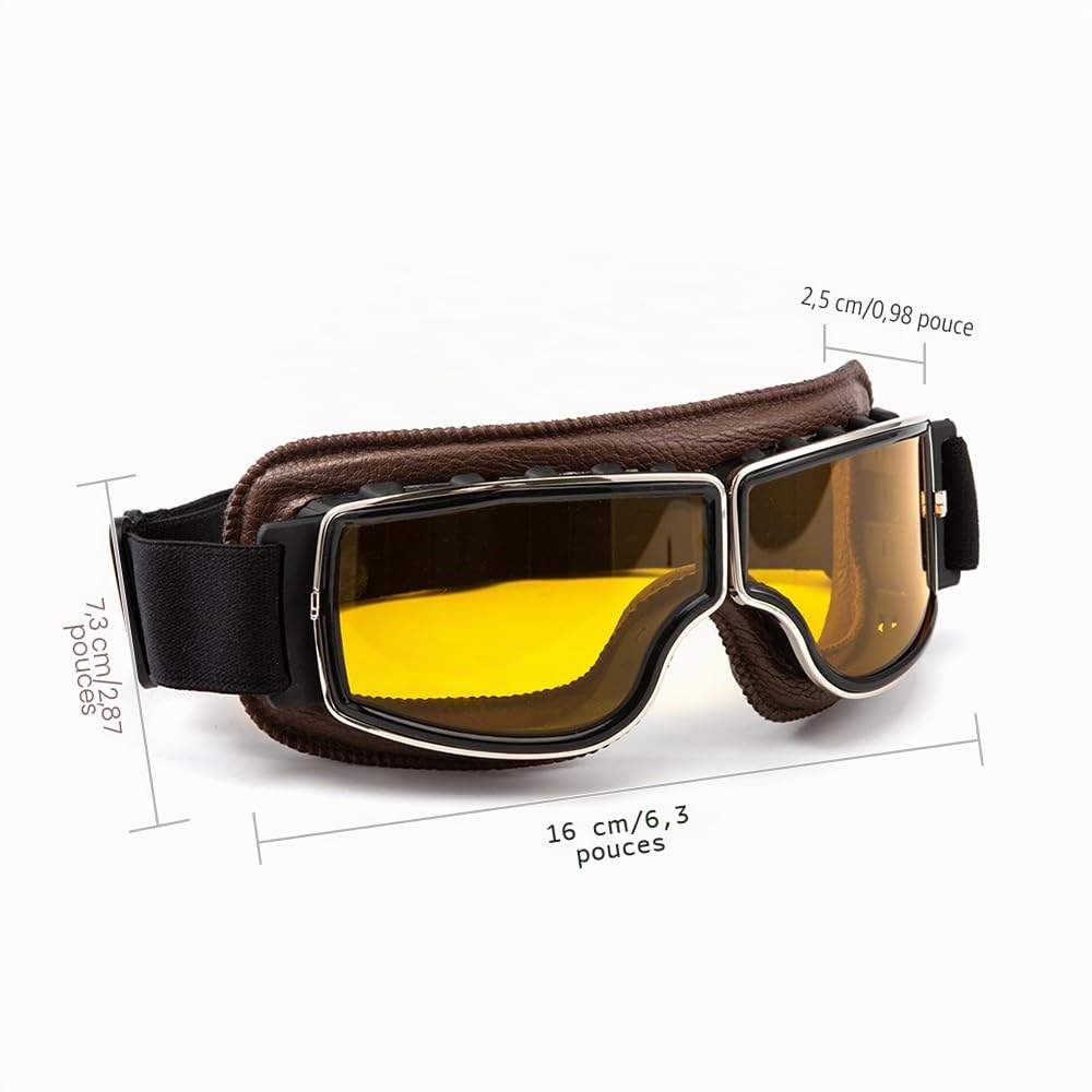 Lunettes de moto vintage aviateur rétro Cuir PU Lunettes pliables et coupe-vent pour hommes et femmes
