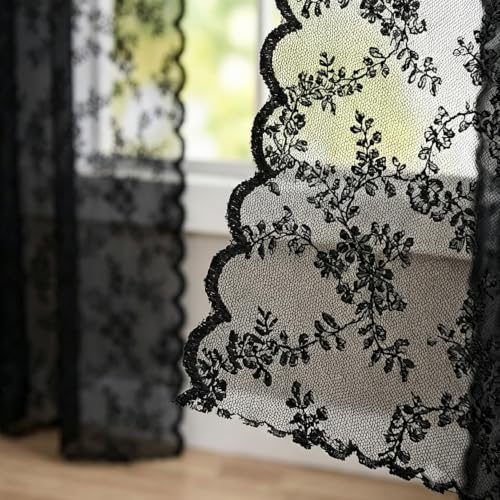 Cortinas de cama con dosel de encaje negro con acabado sofisticado para camas King size 7