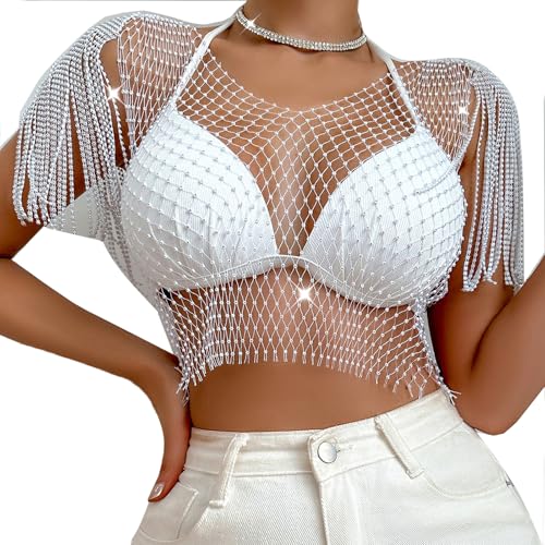 La Mejor Selección de Camisolas y pareos para Niña para comprar online. 48 Cslbiuni - Chal de malla transparente para mujer, con diamantes de imitación, sin mangas, con flecos, para cubrir el cuerpo, Blanco, L