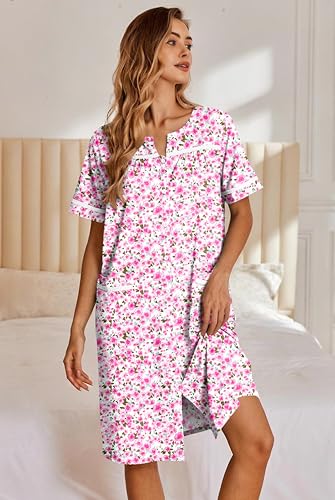 Image of Ekouaer Nightgowns for Women House Dress with Pockets Button Down Sleepshirt Short Sleeve Nightshirt Housecoat