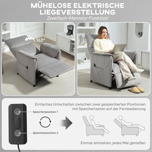 HOMCOM Fernsehsessel Elektrisch Relaxsessel mit Liegefunktion Fußteil TV Sessel mit Verstellbarer Rückenlehne Seitentasche ergonomisch Ruhesessel Liegesessel für Wohnzimmer Schlafzimmer Grau – Bild 6