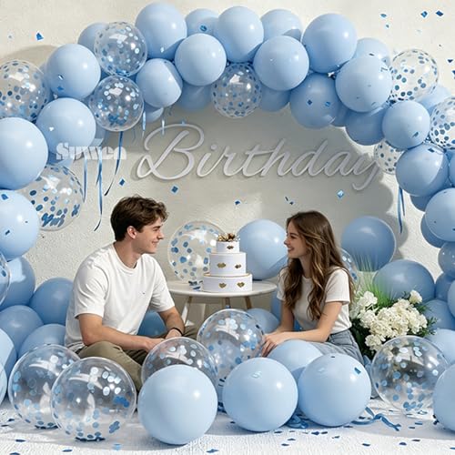 Image of SUWEN 47PCS Light Pastel Blue and Confetti Latex Balloons Set | Blue Helium Balloon for Birthday Anniversary Gender Reveal Party Decorations