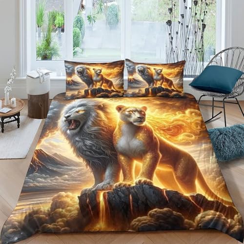 Housse de couette lion 3D animaux, parure de lit microfibre 200x200 avec fermeture éclair
