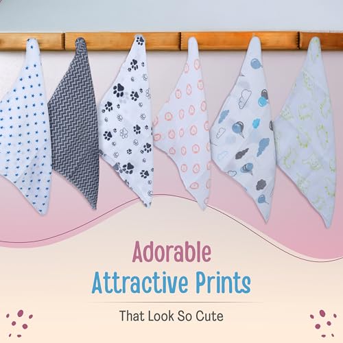 Image of LuvLap Muslin Cotton Cloth Premium Baby Washcloth for New Born, Washable (22 cm x 22 cm) Reusable, Absorbent, Extra Soft Face Towels /Washcloth for Babies, Stars, Balloons Print, Pack of 6, Multicolour
