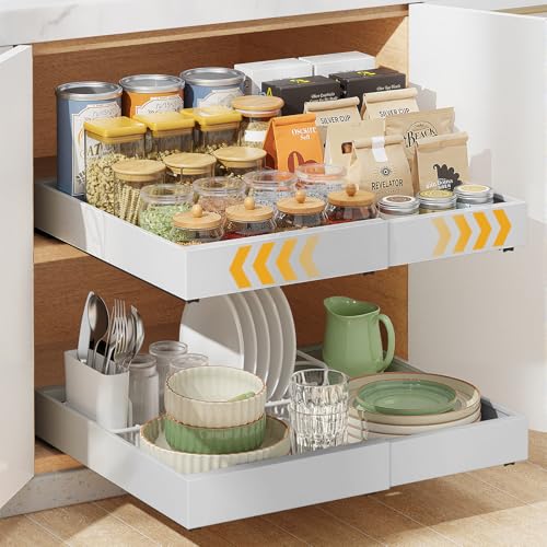 Housolution Lot de 2 Tiroir Telescopique Coulissant Cuisine, Largeur Extensible de 30cm à 50cm, 42 cm de Profondeur, Rangement Panier Etagere Coulissante pour...