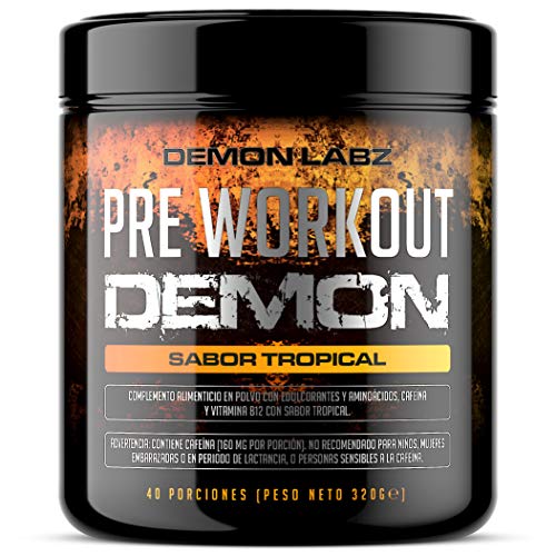 Pre Workout Demon (sabor tropical), suplemento poderoso pré-treino com creatina, café, beta-alanina e glutamina (embalagem de 320 gramas, 40 porções)