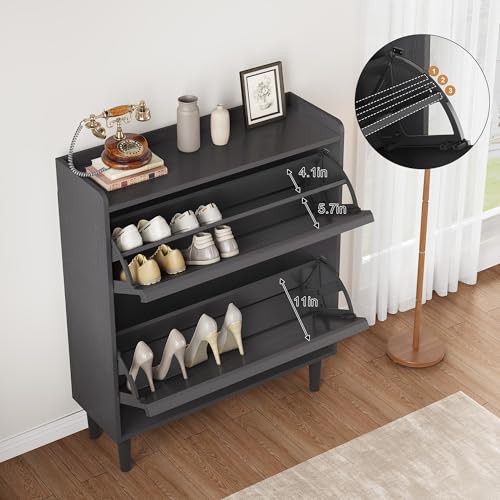 GarveeHome Shoe Cabinet with 2 Flip Drawers, Wooden Shoe Organizer Cabinet with Adjustable Shelf, Shoe Storage for Entryway, Hidden Shoe Cabinet for Hallway, Living Room, Black