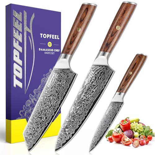 Damascus Kitchen Knife Set 3 PCS, Ultra Sharp Chef...