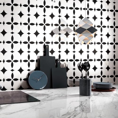 Anemone Flower Stone Mosaic Tile 5 Sheets Mixed Color Italian Gray Marble Stone Kitchen Backsplash Water Jet Mosaic Flooring Tile Interior for Kitchen Backsplash Wall 5 sq. ft. (Natural Black +White)