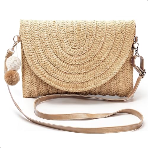 Bolsa de Palha Pequena Acessório De Verão Praia Piscina Alça Transversal (Bege)