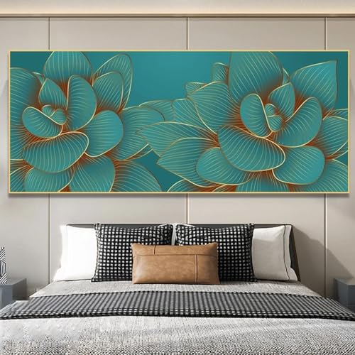 Peinture abstraite fleurs vertes dorées 90x180cm, toile de luxe moderne sans cadre