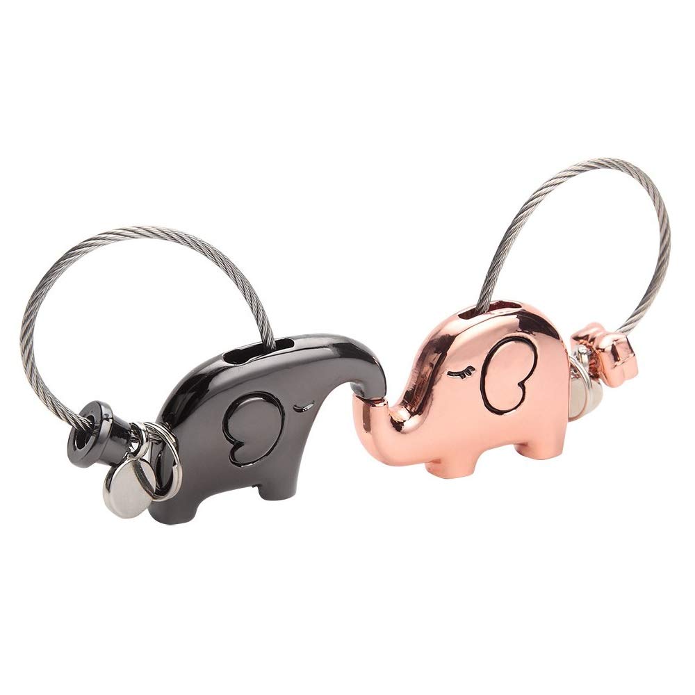 Keyring Lover Keychain 1 Pair Kissing Elephants Key Chain for Couple Friends, Sweet Gift for Valentines Day, Wedding, Birthday, Rosegold&Shiny Black