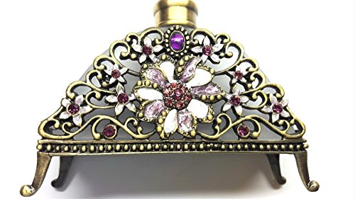 Antiqued Brass Pink/Purple Crystal Flower Frosted Glass Perfume Bottle
